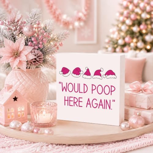 Christmas Bathroom Decor, Funny Pink Christmas Decorations, Santa Hat Bathroom Table Decoration Would Poop Here Again Wooden Box Sign, Home Shelf Desk Decor for Toilet 5x5 Inches - Image 3