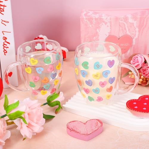 JarThenaAMCS Valentine' s Day Double Wall Glass Coffee Mugs Insulated Glasses 12Oz Candy Conversation Heart Clear Espresso Cups with Handle for Home Holiday Supplies, Set of 2 - Image 4