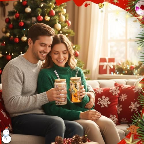 Vesici 6 Set Christmas Glasses Cups 16 oz Xmas Drink Cup with Lid Straw and Stopper Can Shaped Beer Tumbler Christmas Appreciation Gifts with Cards and Bow for Women Birthday Party Favor - Image 5