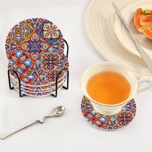 YETTASBIN Mexican Talavera 6 Pcs Drink Coasters with Holder, Cotton Woven Absorbent Heat-Resistant Round Coaster Non-Slip Table Mat for Kitchen Bar Home Decor Housewarming Gift, 3.9 in - Image 5