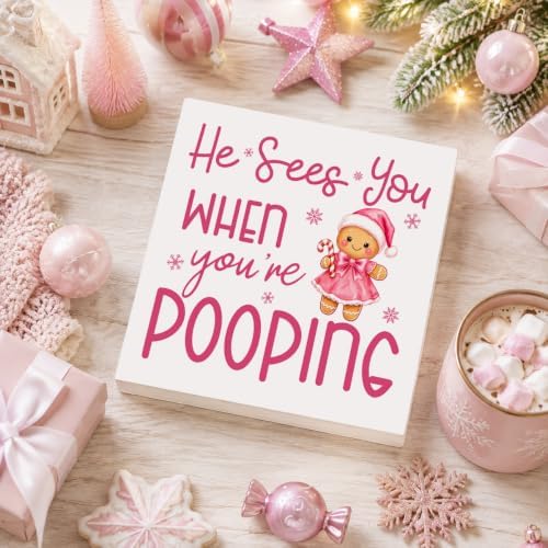 Pink Christmas Bathroom Decor, Funny Gingerbread Christmas Wooden Box Sign - Image 4