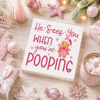 Pink Christmas Bathroom Decor, Funny Gingerbread Christmas Wooden Box Sign - Image 4