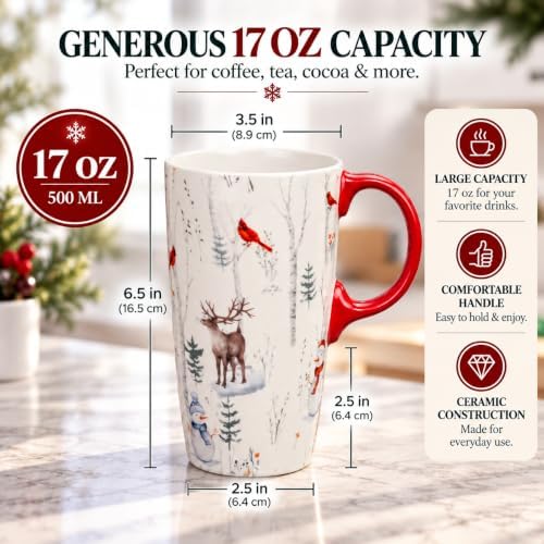 Topadorn Christmas Ceramic Travel Mug with Lid, 17 oz, Cardinal and Deer - Image 5