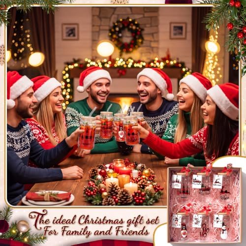 Vesici 6 Set Christmas Glasses Cups 16 oz Xmas Drink Cup with Lid Straw and Stopper Can Shaped Beer Tumbler Christmas Appreciation Gifts with Cards and Bow for Women Birthday Party Favor(Red Plaid) - Image 6