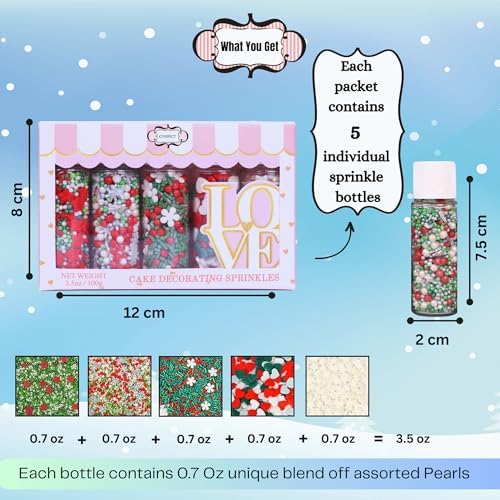 Confect Christmas Sprinkles | Sprinkles for Baking & Cake Decorative | Assorted pack of 5 Silver, Red, Green & White I Heart, stars, Snowflakes sparkling sugar | Cookie sprinkles| Dessert Decorating - Image 5