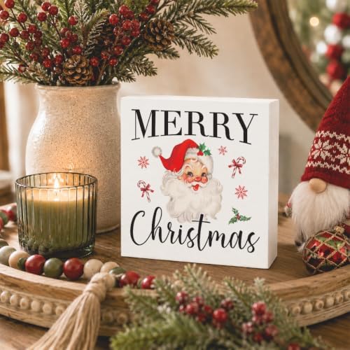 Vintage Christmas Decor, Christmas Decorations Indoor, Snowflake Candy Cane Santa Claus Sign Gift for Women Friends, Rustic Farmhouse Wooden Box Sign for Home Office Bedroom Desk Decor 5x5 Inches - Image 3