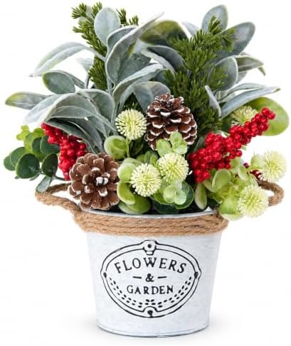 Christmas Table Decor with Metal Pot, Winter Xmas Centerpieces for Tables by KIVIVO