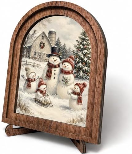 Snowman Family Arched Table Sign, Christmas Farmhouse Shelf Decor by HPCHENG