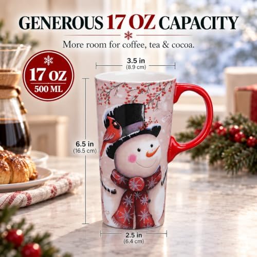 Topadorn Christmas Ceramic Travel Mug with Lid, 17 oz, Snowman & Cardinal - Image 2