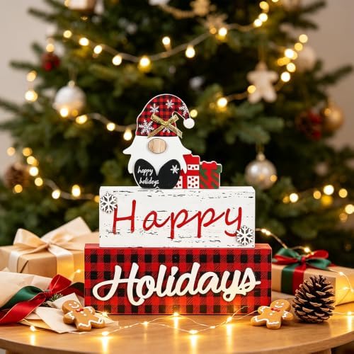 MEETYAMOR Christmas Decor, Large Size 3-Layered Gnome Wood Block with Happy Holidays Sign Christmas Table Decor, Farmhouse Rustic Xmas Decorations Indoor for Home, Mantle, Shelf, Living Room - Image 6