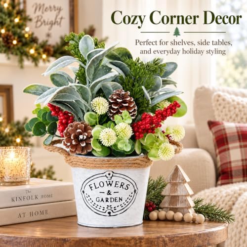 Christmas Table Decor with Metal Pot, Winter Xmas Centerpieces for Tables - Image 7