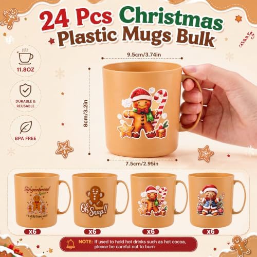 Potchen 24 Pcs Christmas Plastic Mugs Bulk 12 oz, Gingerbread Man - Image 2