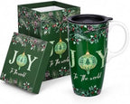 Topadorn Christmas Ceramic Coffee Mug with Lid,17oz Ceramic Travel Cup ,Joy by Topadorn