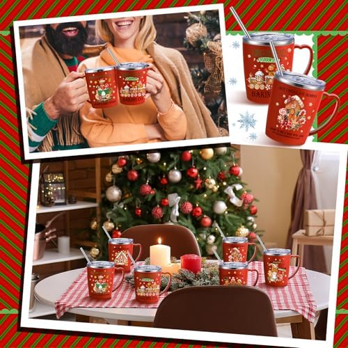 Didaey 6 Pcs Christmas Coffee Mugs Cups 11 oz Christmas Stainless Steel Tumbler Vacuum Insulated Coffee Cups with Handle Lid Straw Wine Mug for Winter Xmas Gift Holiday Party Supplies(Gingerbread Man) - Image 4