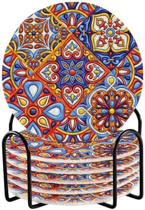 YETTASBIN Mexican Talavera 6 Pcs Drink Coasters with Holder, Cotton Woven Absorbent Heat-Resistant Round Coaster Non-Slip Table Mat for Kitchen Bar Home Decor Housewarming Gift, 3.9 in by Unknown
