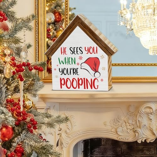 He Sees You When You're Pooping Sign, Funny Christmas Bathroom Decorations - Image 4