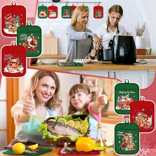 Jingmore 12 Pcs Christmas Pot Holders with Pocket Red Green Pot Holders for Kitchen Santa Claus Snowman Hot Pads and Oven Mitts Cute Farmhouse Oven Gloves Gift for Christmas Winter Baking Cooking - Image 6