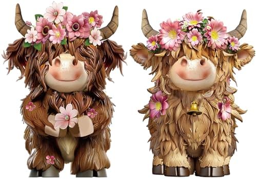 2 Pcs Highland Cow Figurines Decor, Pink Daisy Flower Style by Burbell