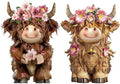 2 Pcs Highland Cow Figurines Decor, Pink Daisy Flower Style by Burbell
