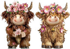 2 Pcs Highland Cow Figurines Decor, Pink Daisy Flower Style by Burbell