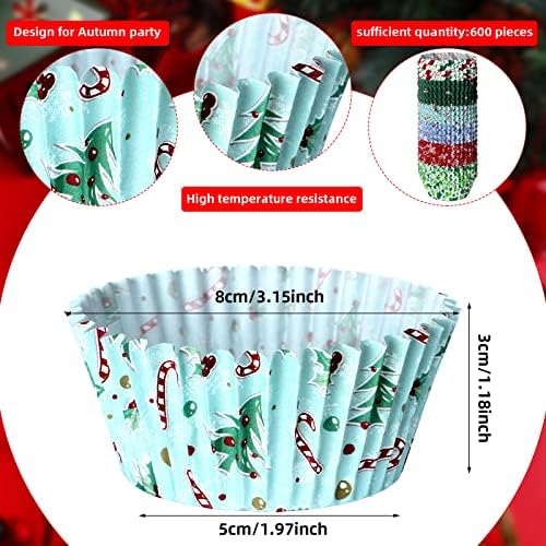 CHENGU 600 Pieces Christmas Cupcake Wrappers, Candy Santa Claus Cupcake Liners Snowman Xmas Colorful Paper Baking Cups for Cake Make Baking Supplies, 6 Styles(Candy Styles) - Image 2