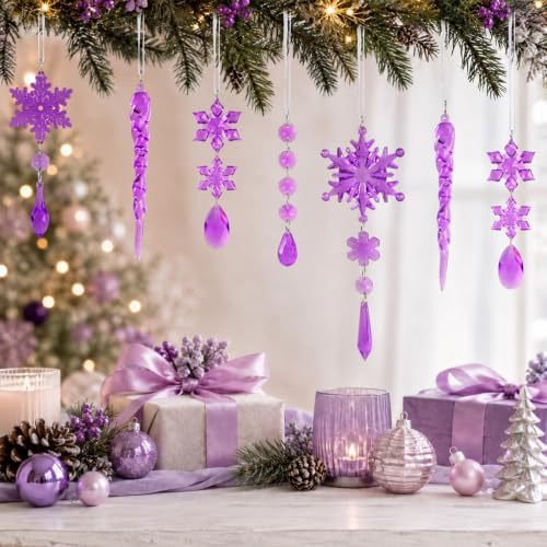 32pcs Crystal Christmas Ornaments for Christmas Tree Decorations-Purple Hanging Acrylic Snowflake and Icicle Ornaments with Drop Pendants for Xmas Winter Wonderland New Year Party Decorations Supplies - Image 6