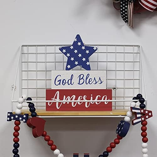 MEETYAMOR 4th of July Decorations, Memorial Day God Bless America Wooden Block Sign with Star, 250th Anniversary Patriotic Independence Day Decor for The Home Tiered Tray Shelf Table Tabletop Mantel - Image 5