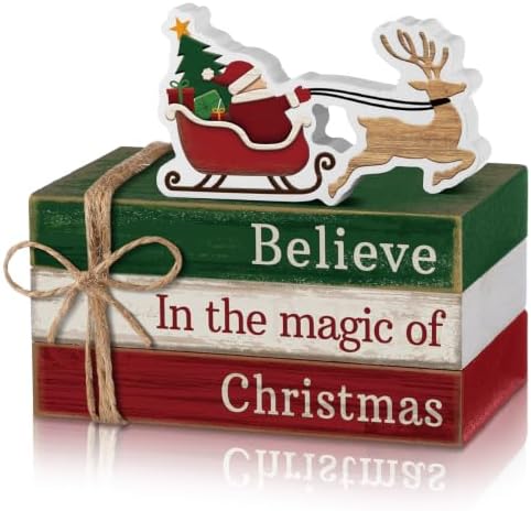 4 Pcs Christmas Table Decorations Reindeer Sleigh Wood Book Signs by Anglechic