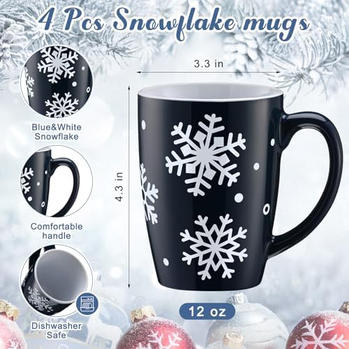 Bokon 4 Pcs Snowflake Ceramic Mug Gifts Set 12 oz Dark Blue - Image 2
