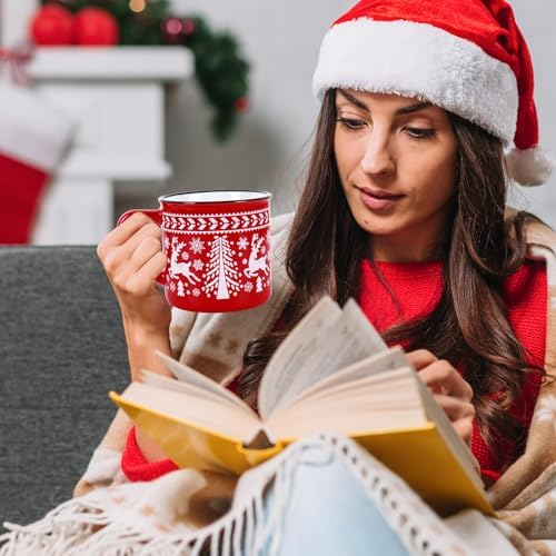 JarThenaAMCS 2Pcs Christmas Enamel Mugs Red Green Christmas Tree Snowflake Elk Ceramic Coffee Cups with Handle Holiday Drinking Mugs for Xmas Winter Party - Image 6