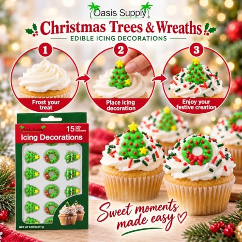 Oasis Supply Christmas Trees & Wreaths Edible Icing Decorations – 15 Count – Holiday Cake & Cupcake Toppers for Cookies, Cakes, Cupcakes & Desserts - Image 3