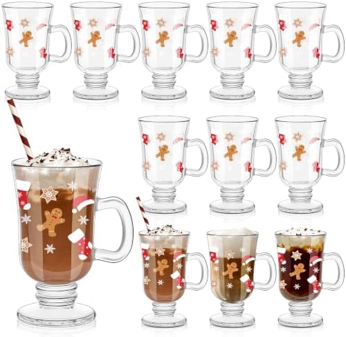 Sliner Set of 12 Christmas Glass Coffee Mugs with Handle 8 oz Clear Irish Coffee Mugs Footed Irish Glasses Xmas Glasses Winter Holiday Cups for Beverages Latte Hot Chocolate by Sliner