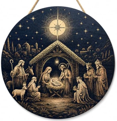 Christmas Decorations - Jesus Nativity Scene Wooden Sign for Front Door by OHOME