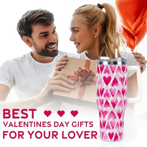Valentines Gifts 40 oz Tumbler with Handle and Straw Lid,Cute Valentine's Gift for Her Women Girlfriend Wife Pink Love Hearts Vacuum Insulated Leak Proof Stainless Steel Coffee Cup Mug - Image 7