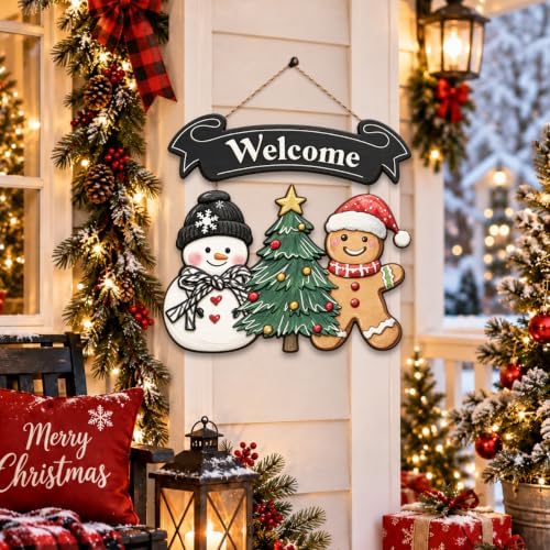 Christmas Decorations Snowman Gingerbread Christmas Tree Welcome Wood Sign - Image 4