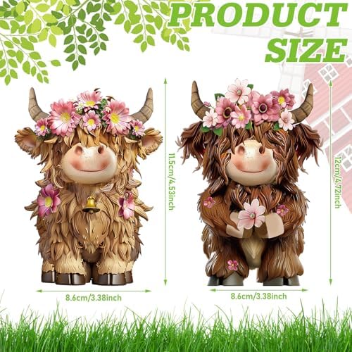 2 Pcs Highland Cow Figurines Decor, Pink Daisy Flower Style - Image 3