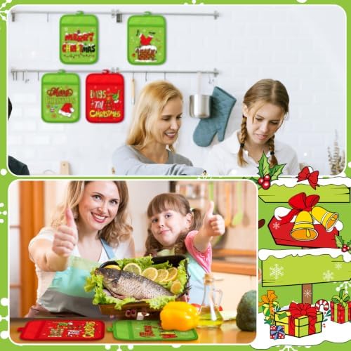 Jingmore 12 Pcs Christmas Pot Holders Bulk with Pocket Lime Green Xmas Pot Holders for Kitchen Red Green Santa Hot Pads and Oven Mitts Farmhouse Oven Gloves for Christmas Baking Cooking Gift - Image 5