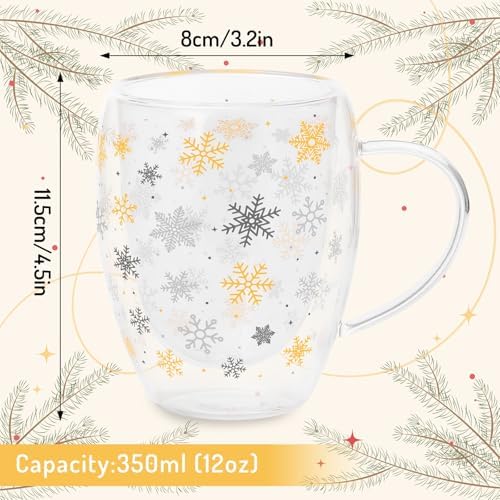 JarThenaAMCS Christmas Double Wall Glass Coffee Mugs 12Oz Gold Silver Snowflake Insulated Glasses Clear Espresso Cups with Handle for Winter Xmas Holiday Supplies, Set of 2 - Image 2