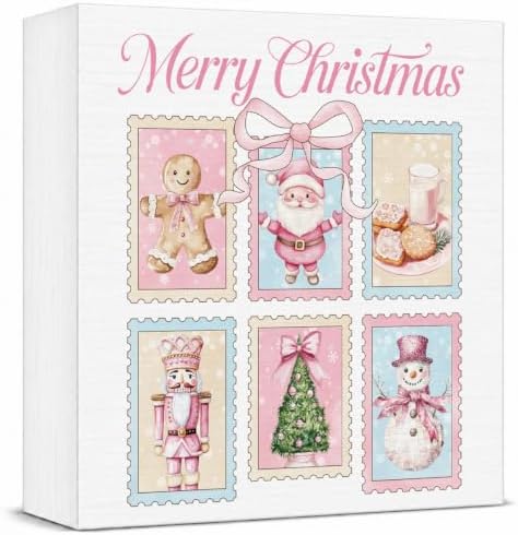 Pink Christmas Decor, Christmas Decorations Indoor, Bow Xmas Tree Santa Claus Snowman Nutcracker Gingerbread Sign Gift for Women Friends, Rustic Wooden Box Sign for Home Bedroom Desk Decor 5x5 Inches by Unknown