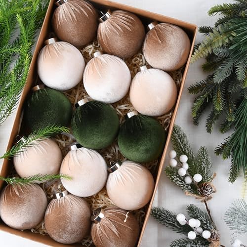 Christmas Tree Ornaments Velvet Balls - Pack of 15pcs Shatterproof Xmas Bulbs Decorations Set - Multicolor Green Brown Neutral, 80mm 3.15 inch - Image 2
