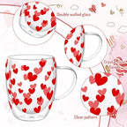 JarThenaAMCS Valentine' s Day Double Wall Glass Coffee Mugs Insulated Glasses 12Oz Red Heart Clear Espresso Cups with Handle for Home Holiday Supplies, Set of 2 - Image 3