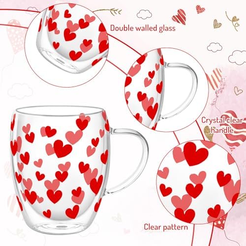 JarThenaAMCS Valentine' s Day Double Wall Glass Coffee Mugs Insulated Glasses 12Oz Red Heart Clear Espresso Cups with Handle for Home Holiday Supplies, Set of 2 - Image 3