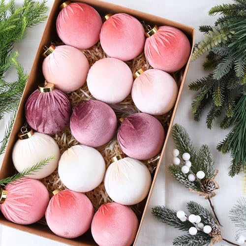 Velvet Christmas Ornaments Balls for Tree - 15pcs Pink Christmas Ornaments Shatterproof for Xmas Decorations - Multicolor Pink & Beige 80mm 3.15inch - Image 2