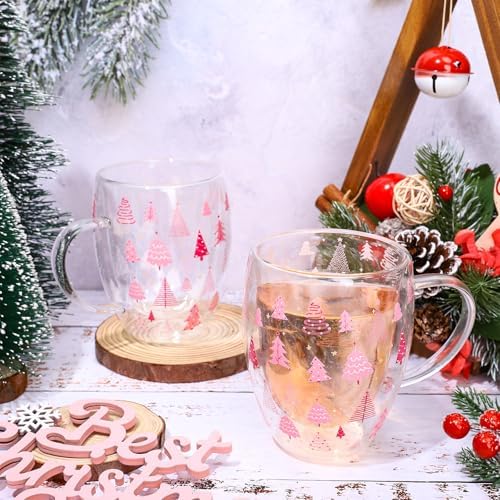 JarThenaAMCS Christmas Double Wall Glass Coffee Mugs 12oz Cute Pink Xmas Tree Insulated Glasses Clear Espresso Cups with Handle for Home Holiday Supplies, Set of 2 - Image 4