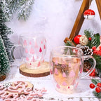 JarThenaAMCS Christmas Double Wall Glass Coffee Mugs 12oz Cute Pink Xmas Tree Insulated Glasses Clear Espresso Cups with Handle for Home Holiday Supplies, Set of 2 - Image 4