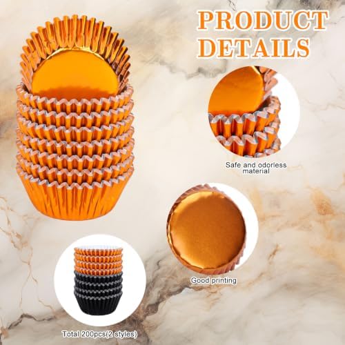 JarThenaAMCS 200Pcs Halloween Cupcake Liners Black Orange Foil Metallic Baking Cups Muffin Wrappers for Halloween Party Supplies - Image 3