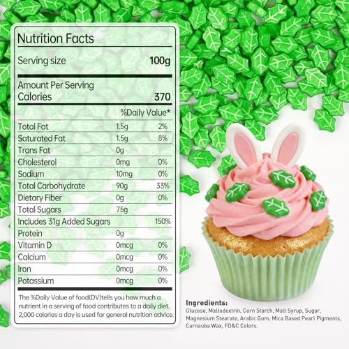 Green Leaf Sprinkles for Cake Decorating, 150g/5.29oz, Edible Green Sugar Sprinkles, Flower Cake Decorations, Edible Leaves for Cake, Cupcake Cookies Topper, Baking Party Spring Supplies - Image 2