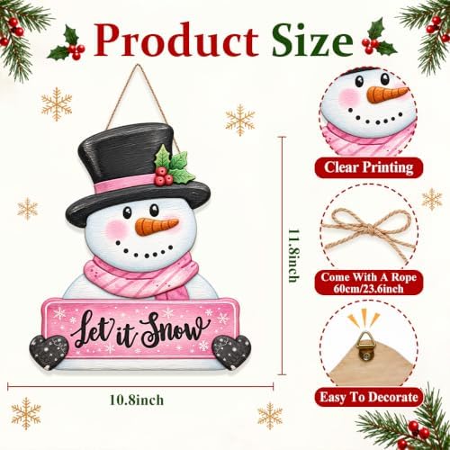 Christmas Decorations Winter Pink Snowman Hanging Wooden Front Door Sign - Image 3