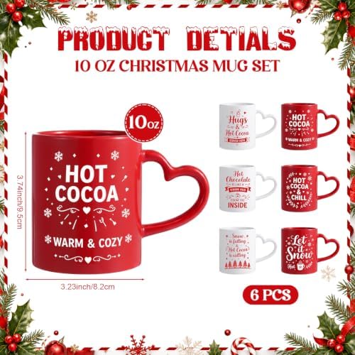 Christmas Coffee Mugs with Heart Handles, 6 Pack 10 Oz Cups - Image 2