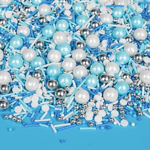 Edible Blue Silver White Pearl Sprinkles,Winter Pearls for Cake Decorating by Sugarzy